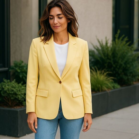Women’s Large Light Yellow Blazer Single Button‎ Classic Tailored Jacket - Picture 1 of 12